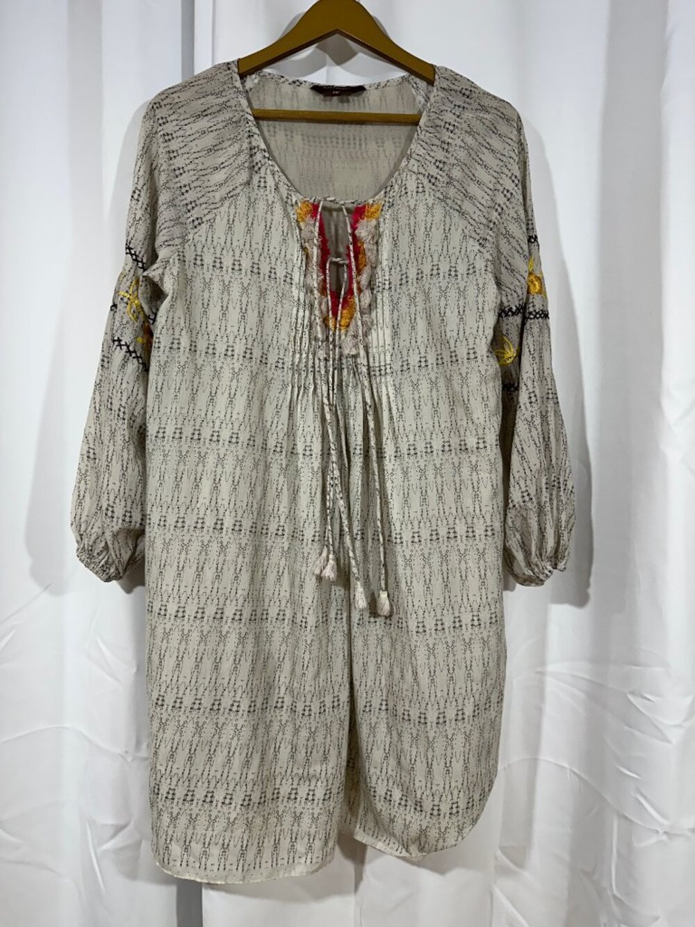 Ranna Gill Women's MP Boho Tunic Dress Embroidered Tassel Tie Beige Lightweight